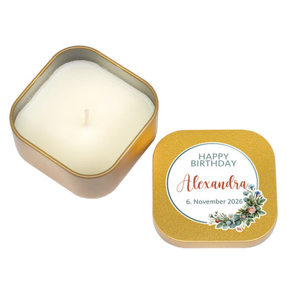 Freigestellte Mini Duftkerze in Gold mit Happy-Birthday-Motiv, Name Alexandra und Datum