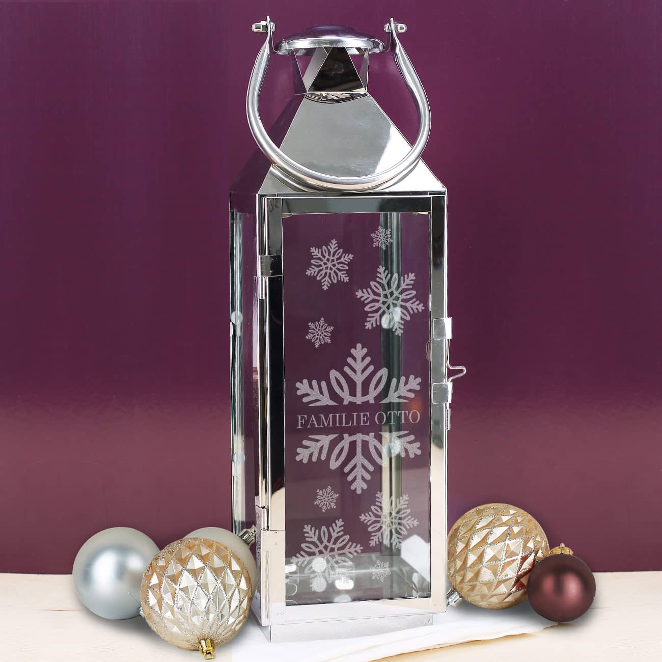 Winter-Laterne mit Schneeflocke und Wunschtext graviert