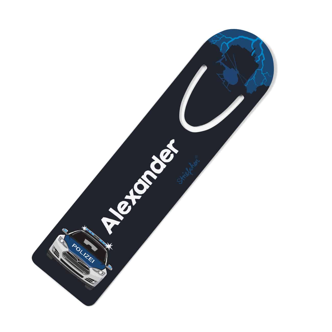 Lesezeichen mit Streifenwagen und Name