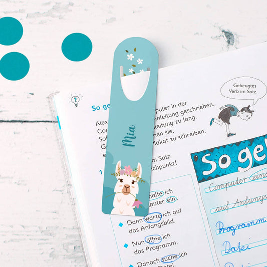 Aluminium-Lesezeichen mit Lama, bunten Blumen und Name