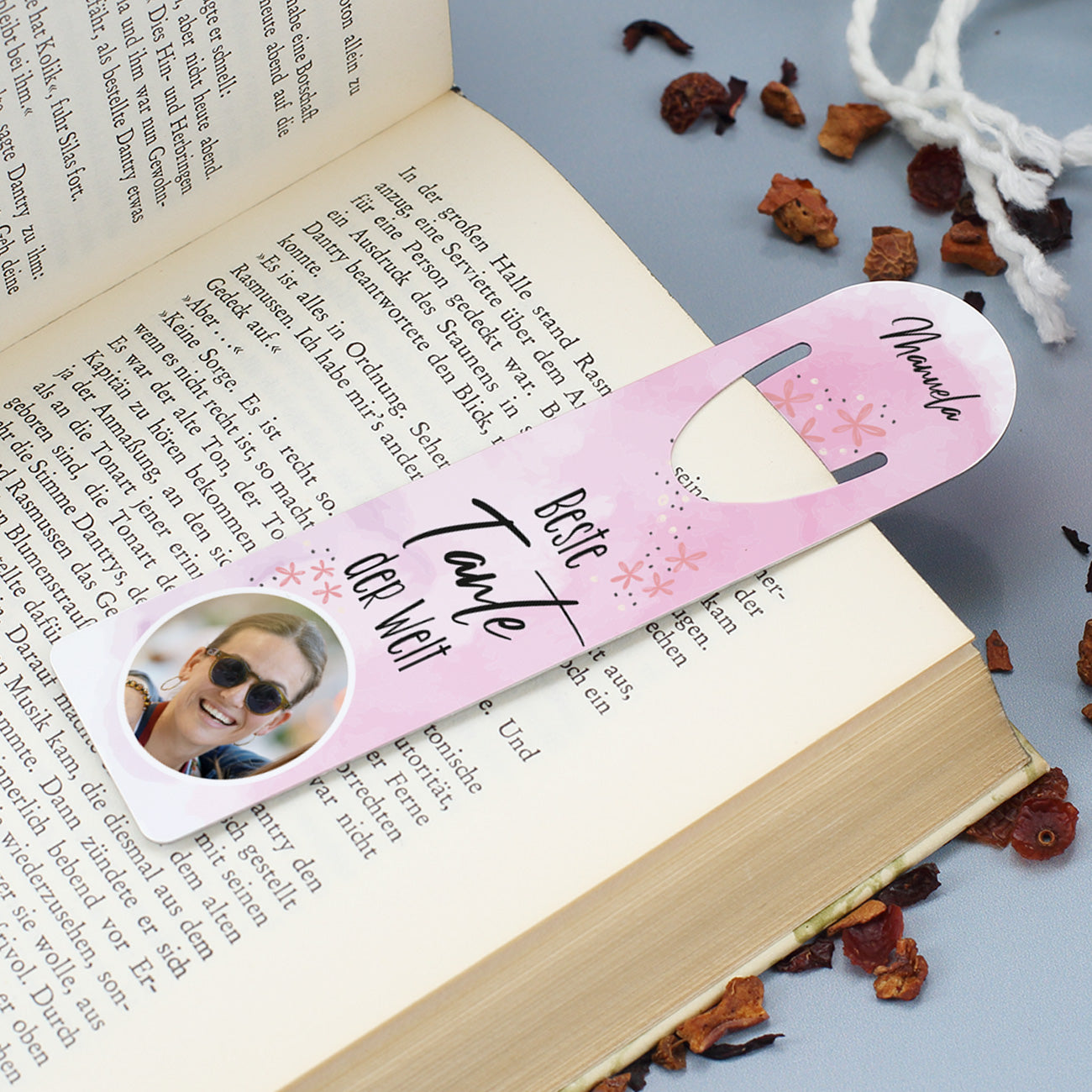 Metall Lesezeichen bedruckt mit Foto und zwei Wunschtextzeilen