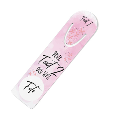 Lesezeichen aus Metall bedruckt mit Foto und Wunschtexten "Beste ... der Welt"