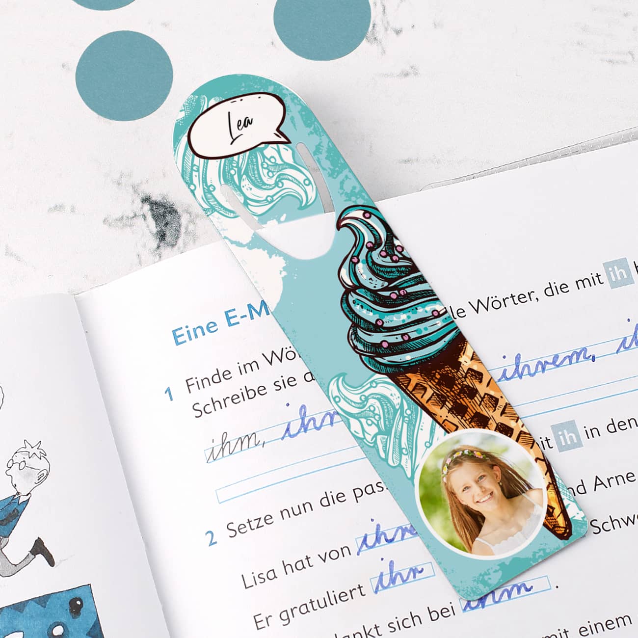 Lesezeichen mit Foto, Name und coolem Eismotiv