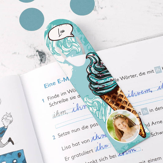 Lesezeichen mit Foto, Name und coolem Eismotiv