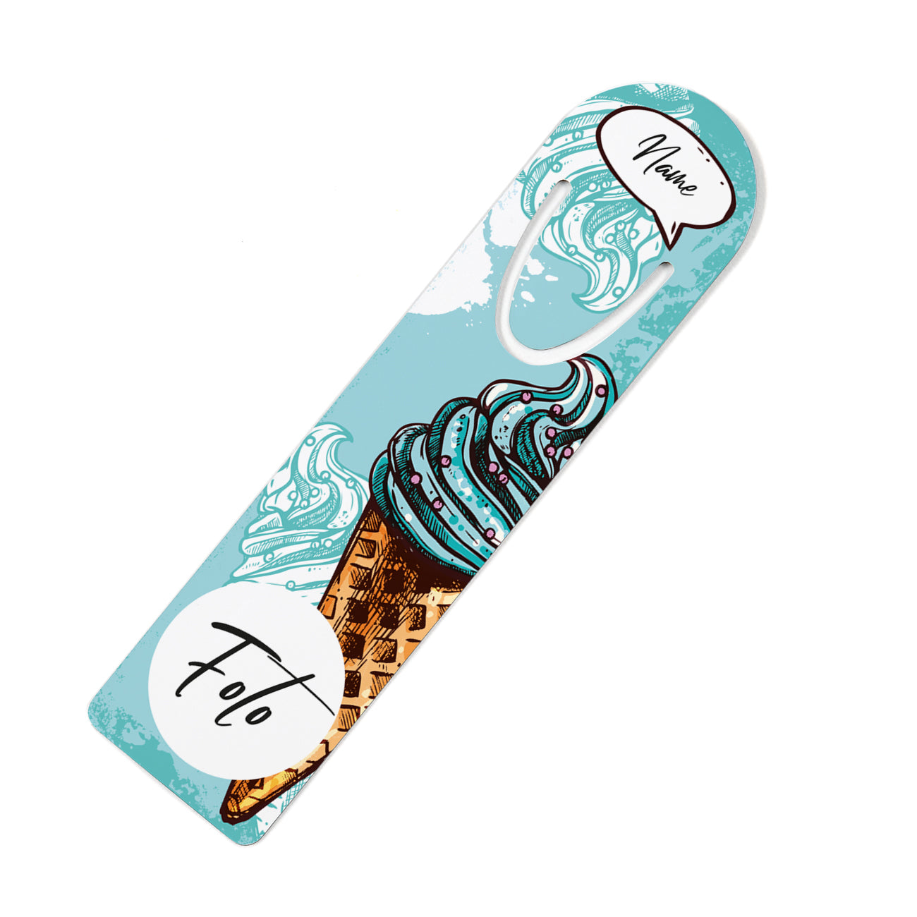 Metall-Lesezeichen mit Foto, Name und Eismotiv