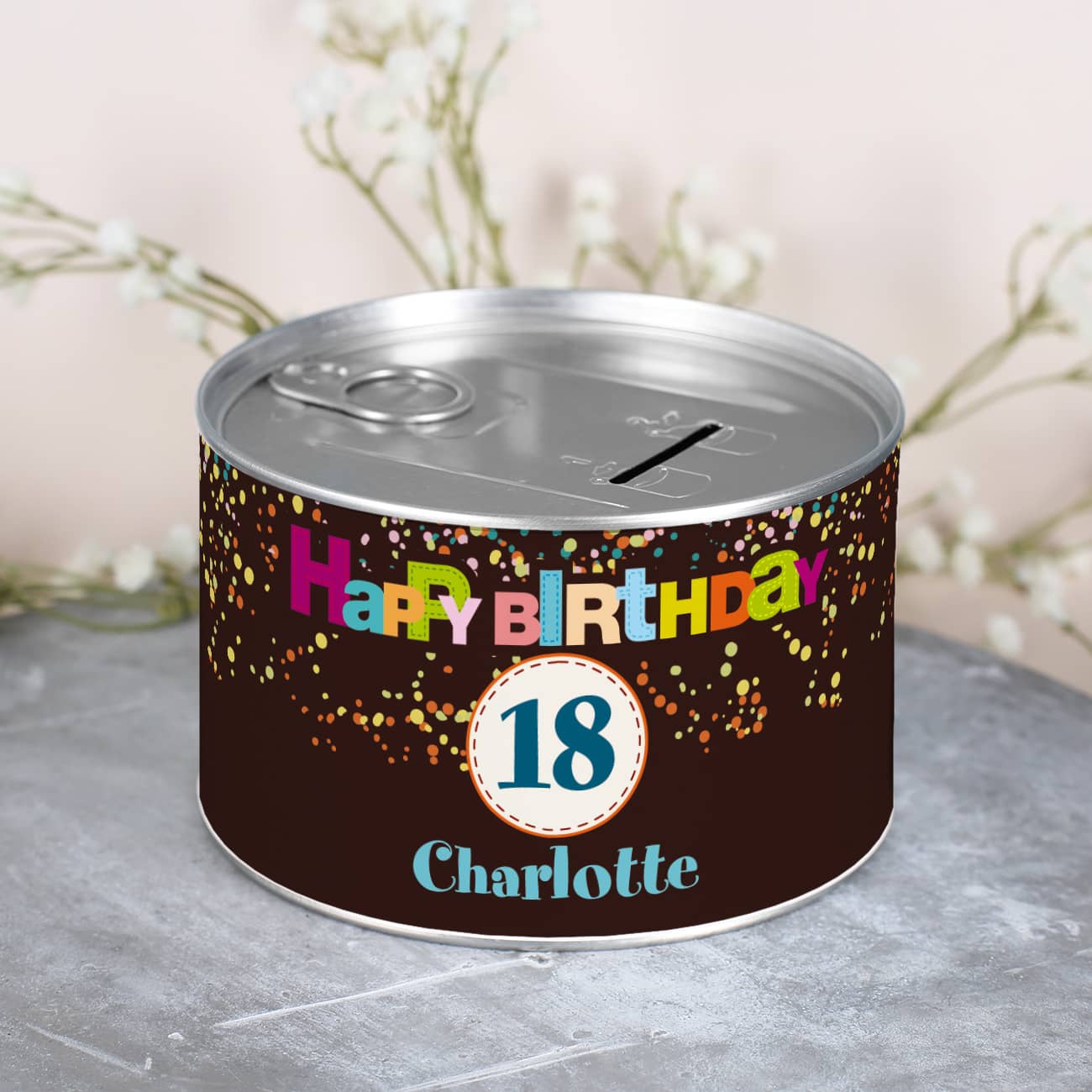 Spardose zum Geburtstag im Stil einer Konserve