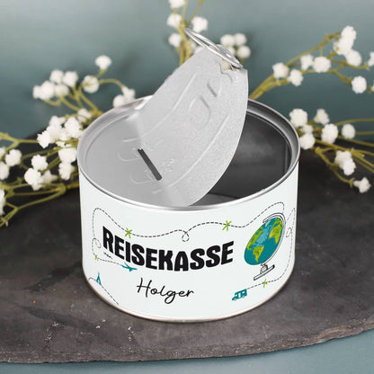 Spardose in der Optik einer Konserve mit Aufreißdeckel