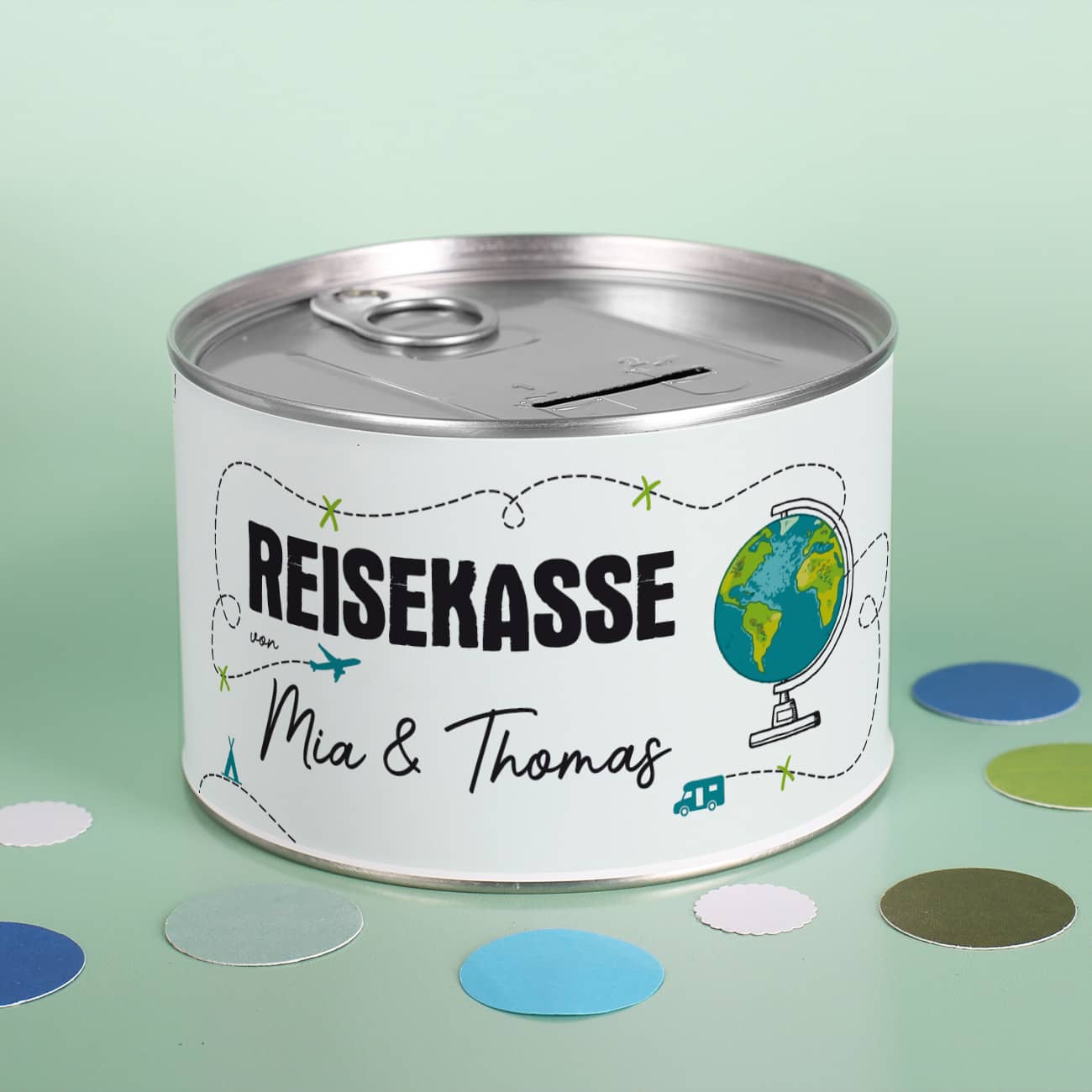 Reisekasse - Spardose zum Aufreißen mit Namensaufdruck