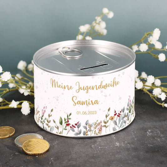Spardose zum Aufreißen aus Metall mit Watercolor-Motiv zur Jugendweihe