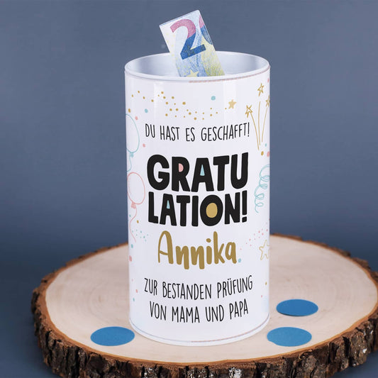 Spardose aus Blech "Du hast es geschafft!" mit Name personalisiert