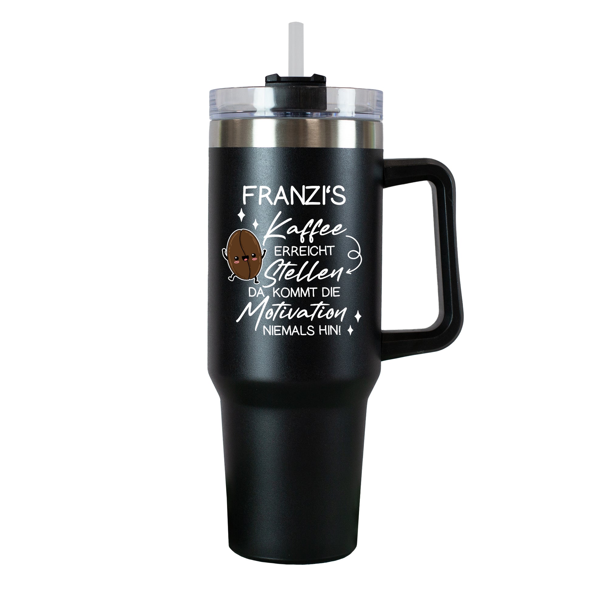 Freigestellter Thermobecher in Schwarz mit Kaffee-Spruch und Namen