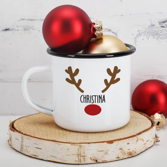 Emailletasse zu Weihnachten mit Rentier Motiv und Name bedruckt