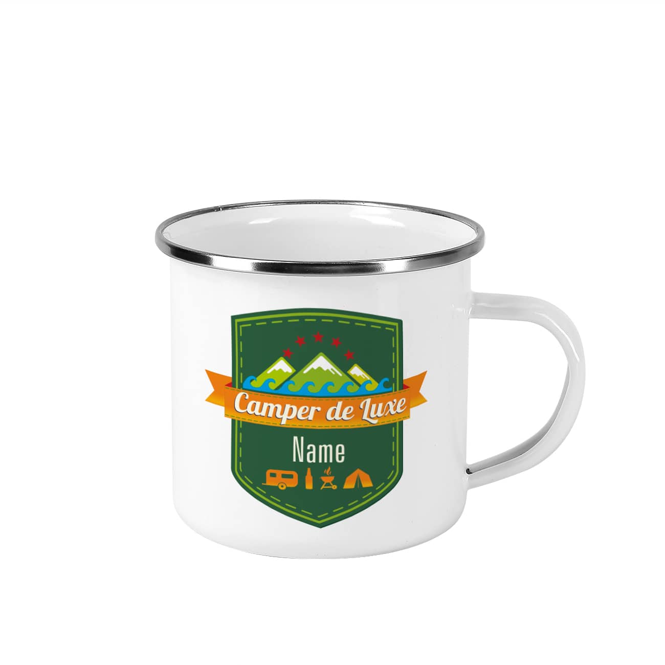 Camper de Luxe Emaillebecher mit Ihrem Wunschnamen