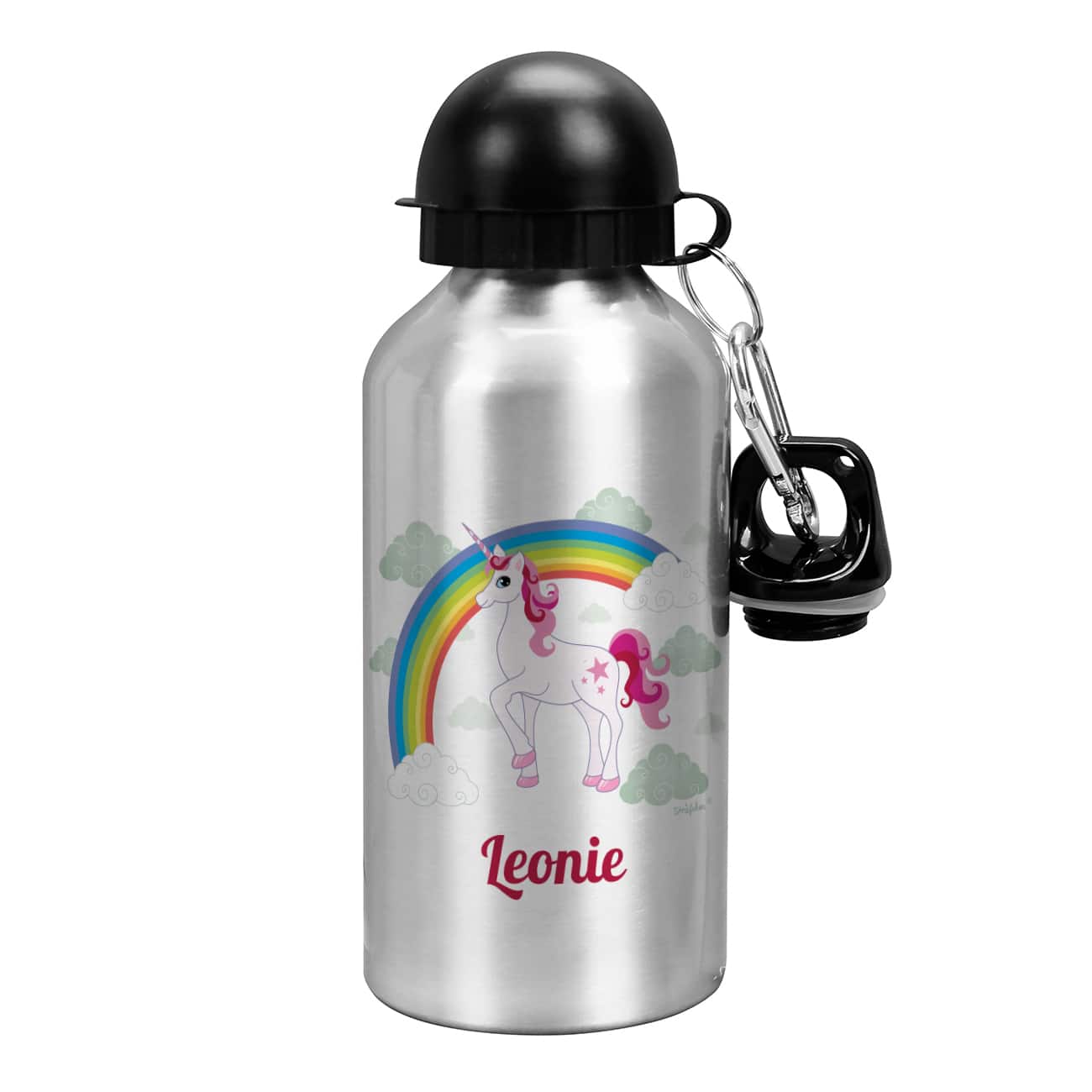 Silberne Trinkflasche mit Einhorn und Ihrem Wunschnamen bedruckt