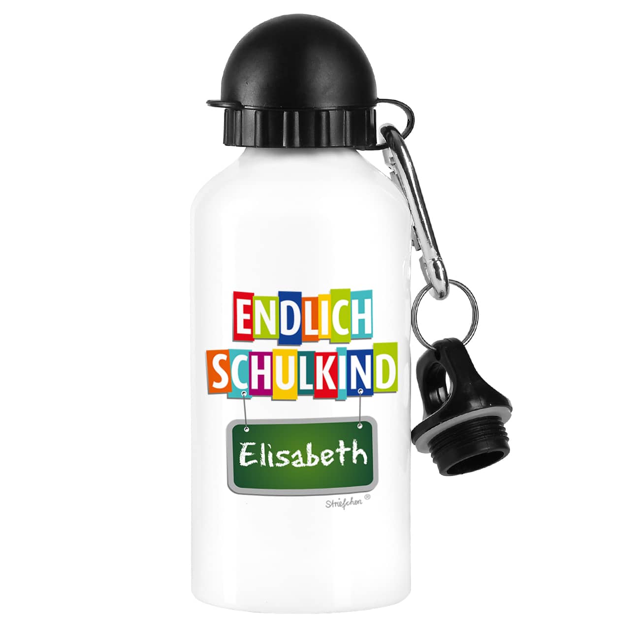 Weiße Trinkflasche mit Namensaufdruck