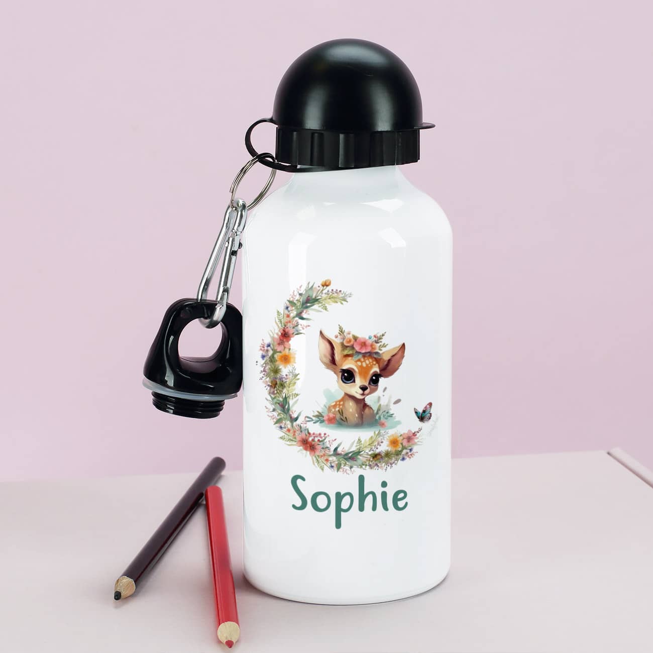 Trinkflasche mit Rehkitz, Blumenranke und Name bedruckt