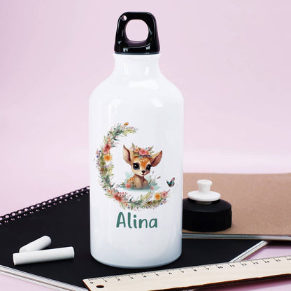 Trinkflasche mit Rehkitz, Blumenranke und Name bedruckt
