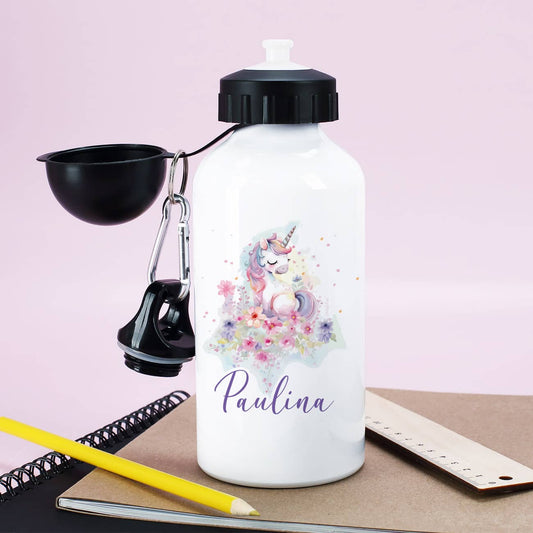Trinkflasche aus Aluminium für Kinder mit Einhorn-Motiv & Name