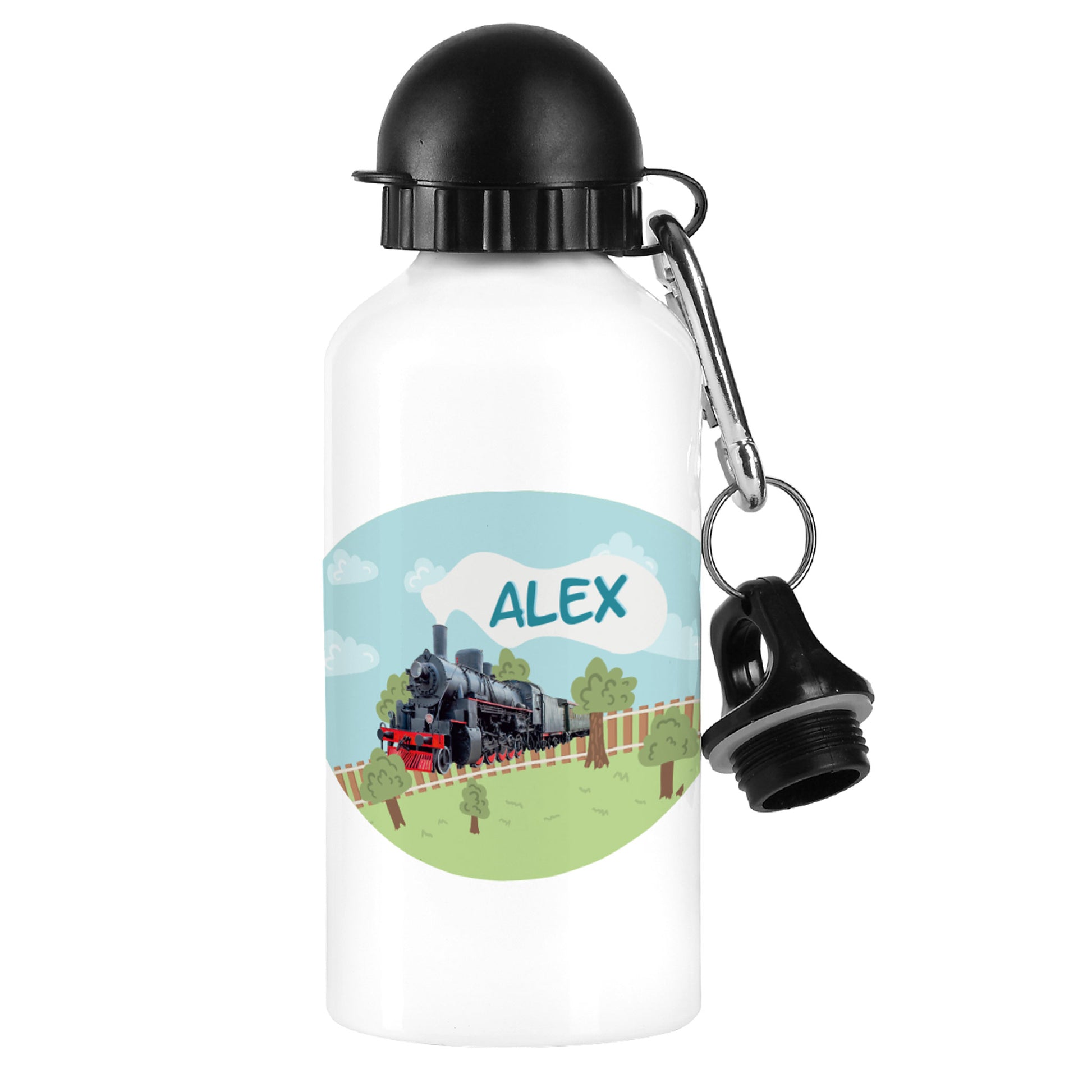 Weiße Trinkflasche mit Dampflok-Design und personalisiertem Namen „Alex“, seitlich fotografiert