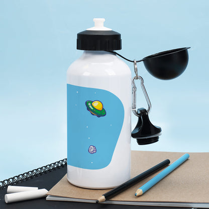 Rückseite der Aluminium-Trinkflasche mit UFO, Mond und Sternen – detailreiches Weltraum-Design für Kinder