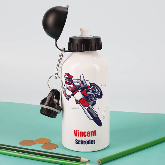weiße Trinkflasche mit Motorrad, Wunschname und Text