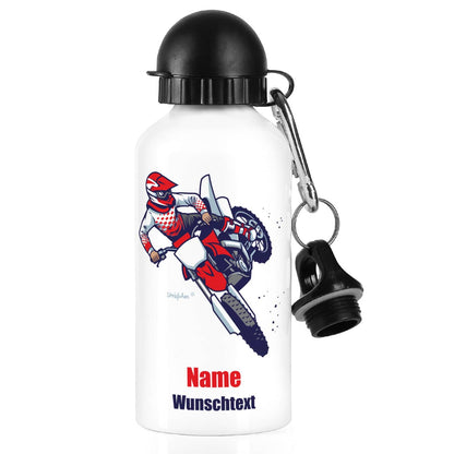 weiße Metall-Trinkflasche mit Name, Wunschtext und Motorrad-Motiv