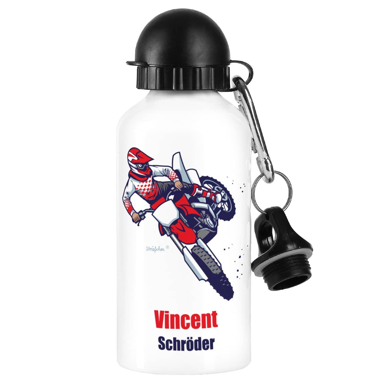 weiße Metall-Trinkflasche mit Name, Wunschtext und Motorrad-Motiv