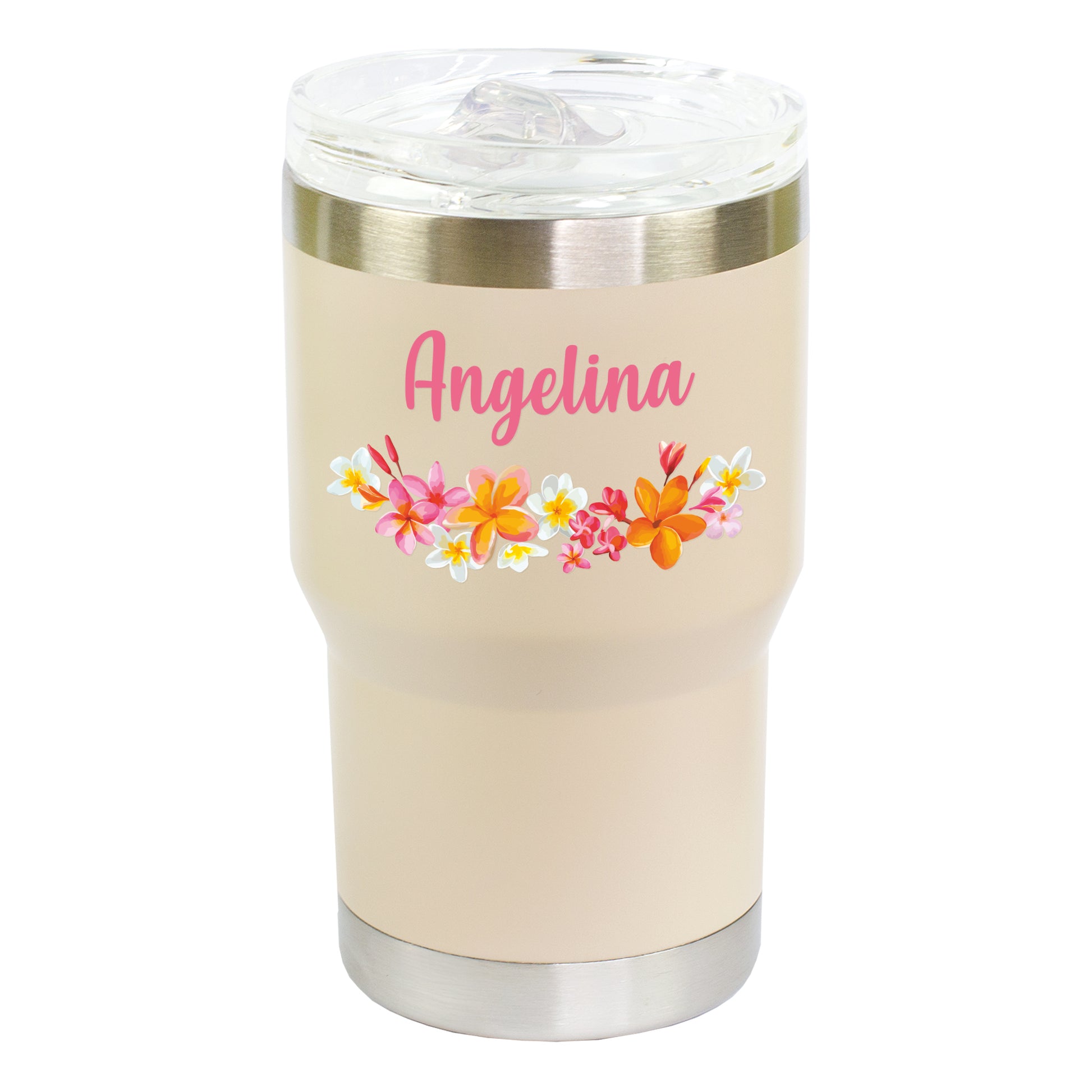 Freigestellter beigefarbener Thermobecher mit Blumenmotiv und individuellem Namensaufdruck Angelina