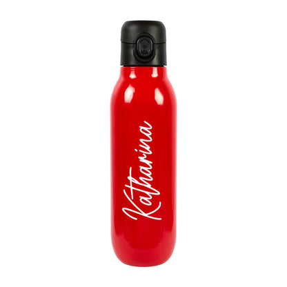Personalisierte rote Edelstahl-Trinkflasche mit weißem Namensaufdruck „Katharina“ und schwarzem Klickverschluss