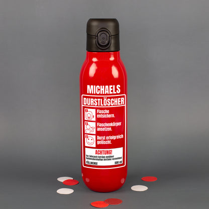Rote personalisierte Trinkflasche mit Aufdruck „Michaels Durstlöscher“, Feuerlöscher-Motiv und 500 ml Füllmenge