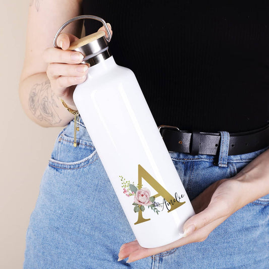 Thermosflasche mit Rosen-Monogramm und Name bedruckt