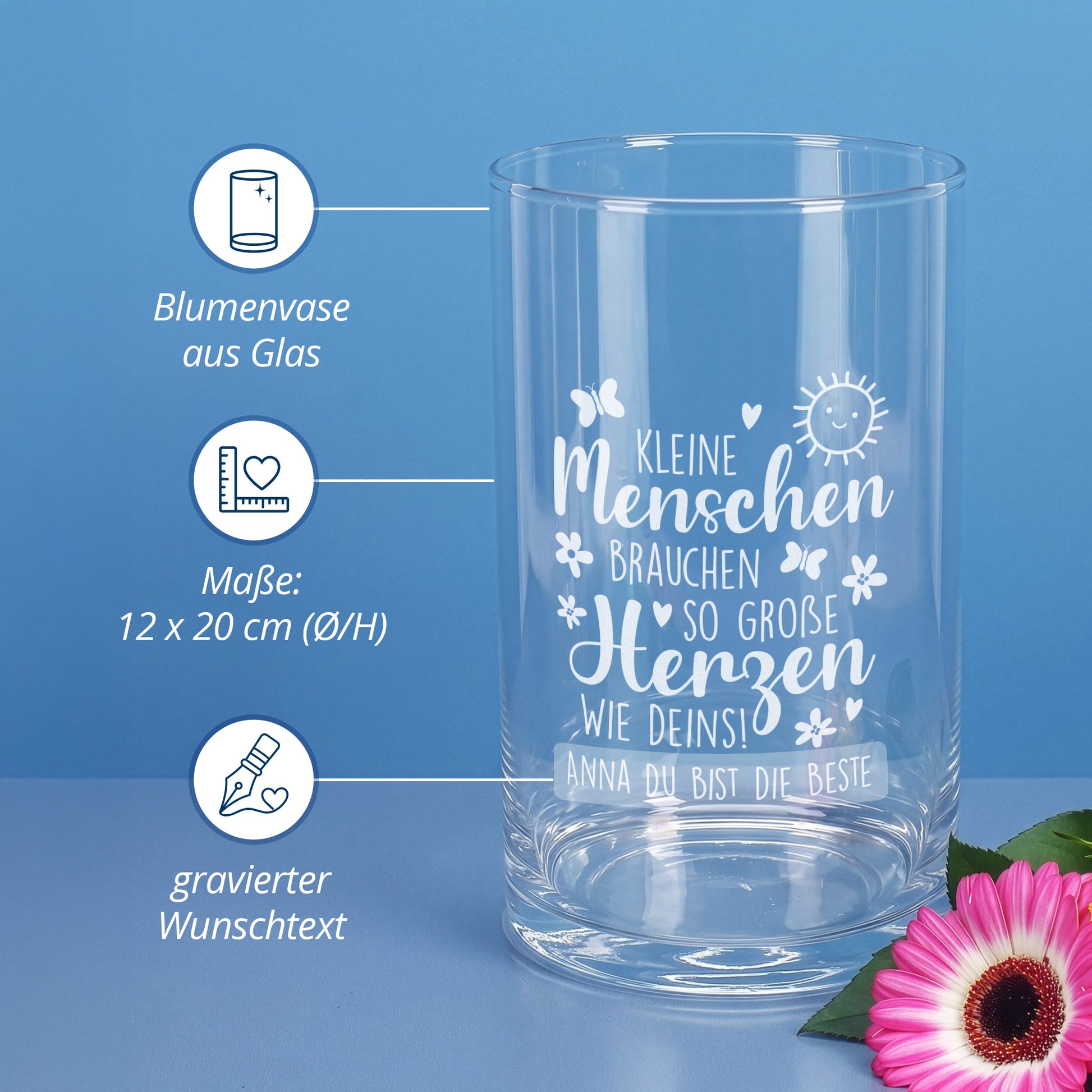Gravierte Glasvase mit Spruch Kleine Menschen brauchen große Herzen, Wunschtext und Produktinfos zu Maß und Glas