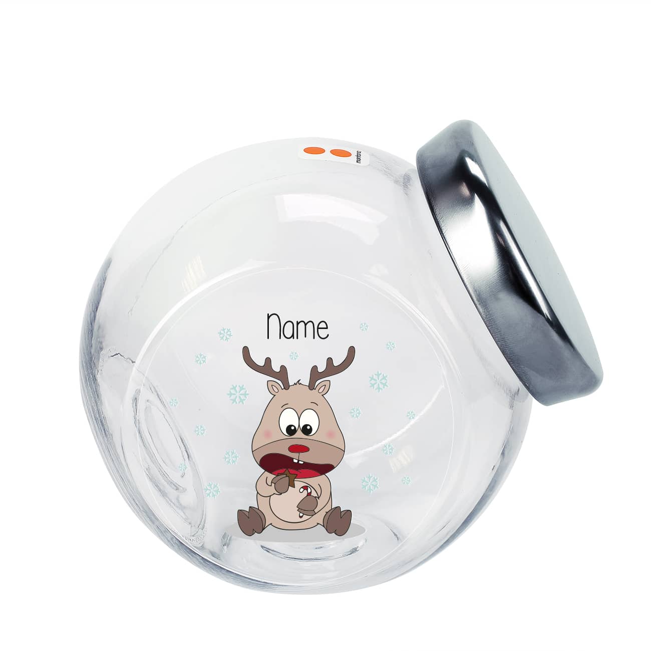 Keksdose aus Glas mit niedlichem Rentier und Ihrem Wunschnamen