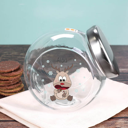 Keksdose aus Glas mit niedlichem Rentier und Ihrem Wunschnamen