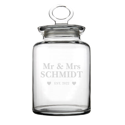 Glasdose für Mr und Mrs mit Wunschnamen und Jahr graviert