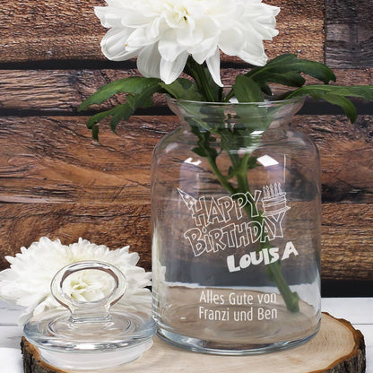 Glasdose mit Glasdeckel zum Geburtstag mit Gravur 