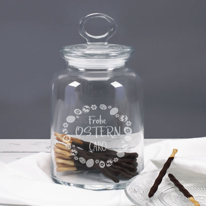 Glasdose mit Ostereier-Design und Ihrem Wunschnamen