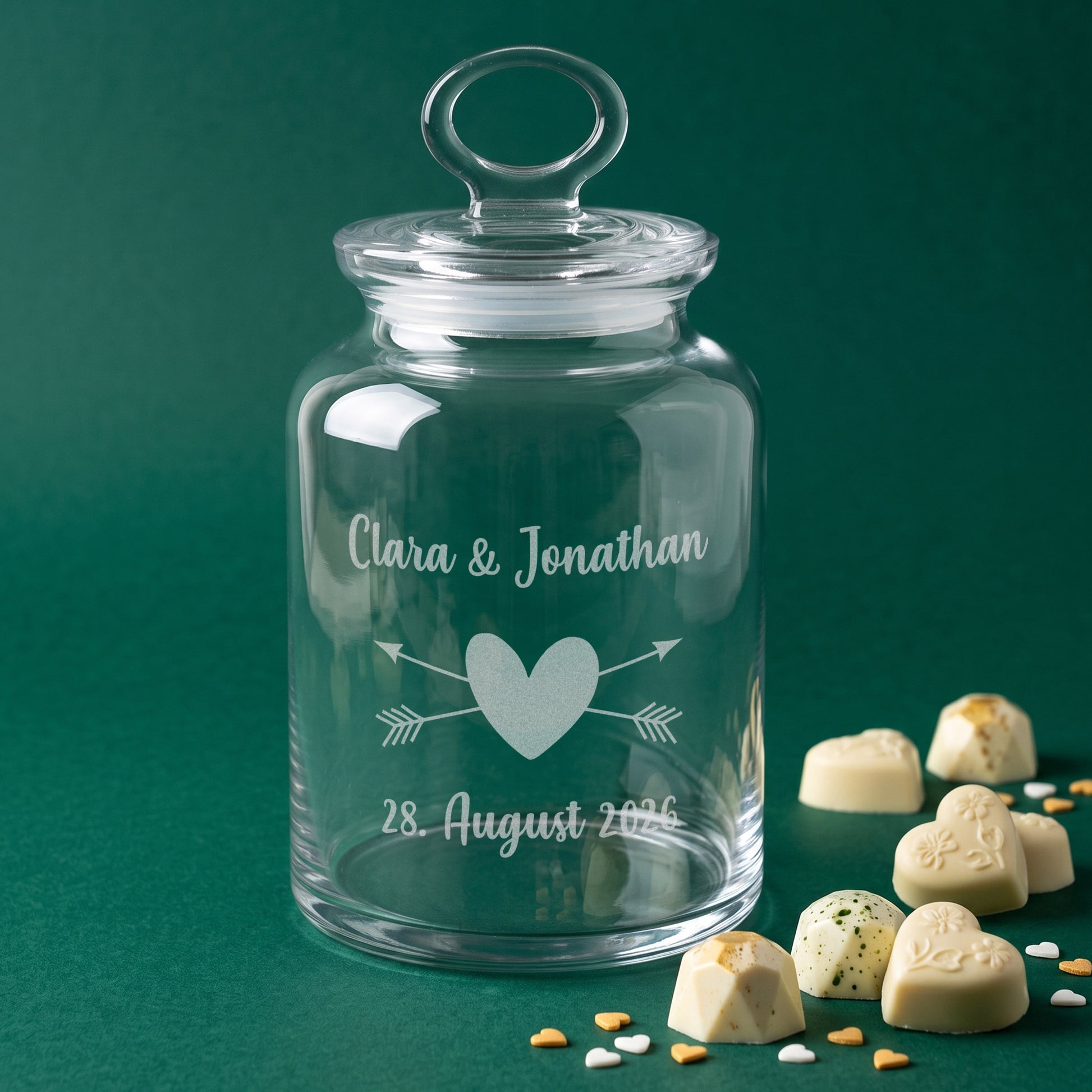 Glasdose zur Hochzeit mit persönlicher Gravur zum selbst befüllen