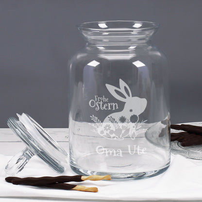 Frohe Ostern - gravierte Glasdose mit Osterhasenmotiv, Frühlingsblumen und Ihrem Wunschnamen