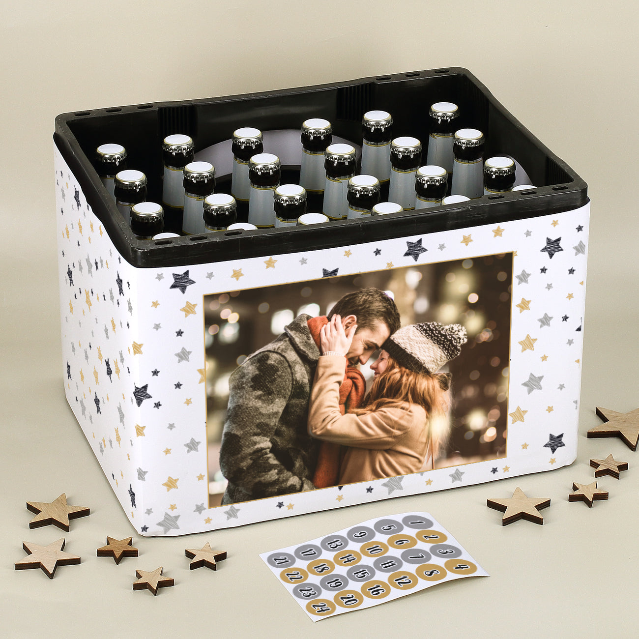 Bierkasten Adventskalender mit Banderole mit Foto und Zahlenstickern