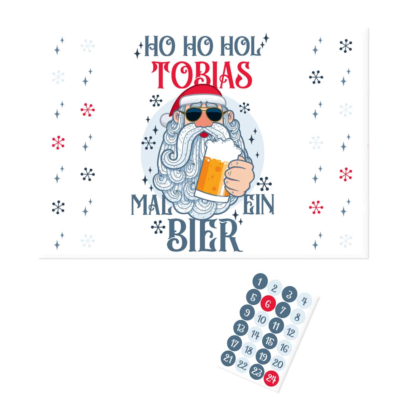 Rockige Santa Bierkastenbanderole mit Name und Aufklebern als DIY Set für einen persönlichen Adventskalender