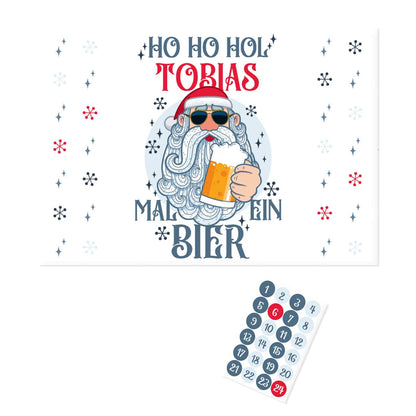 Rockige Santa Bierkastenbanderole mit Name und Aufklebern als DIY Set für einen persönlichen Adventskalender