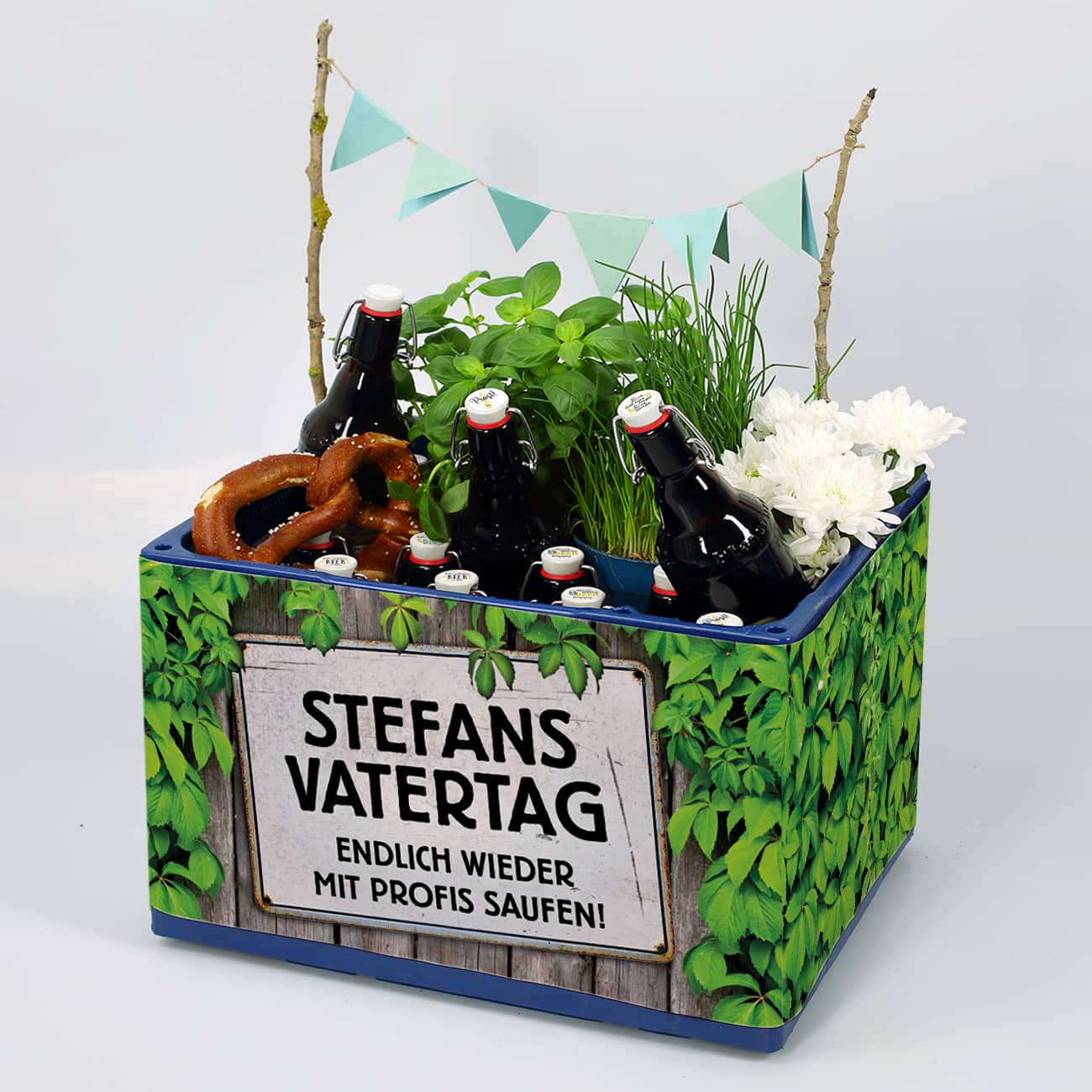 Zum Vatertag - Bierkasten-Banderole mit Ihrem Wunschtext & Aufklebern