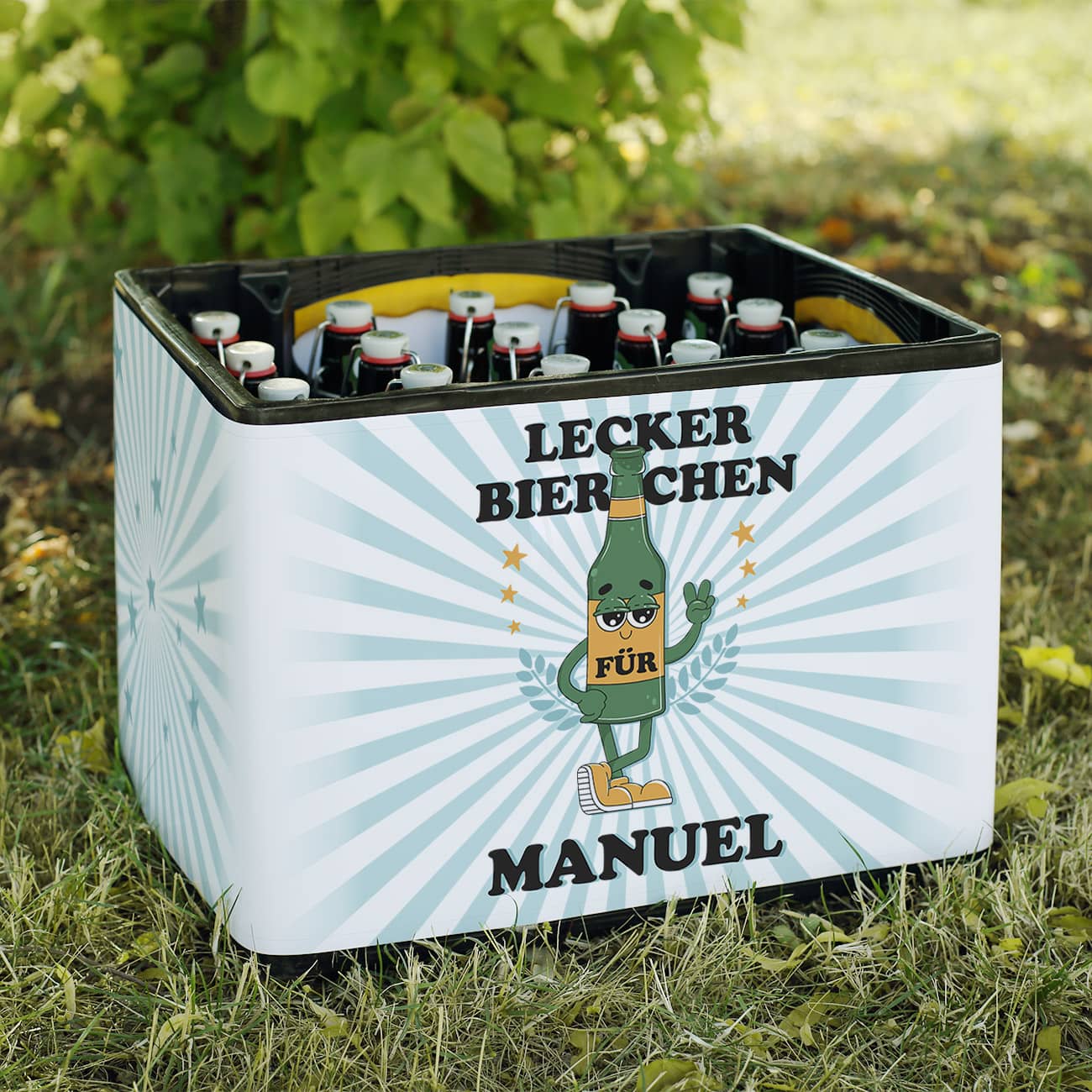 Personalisierte Banderole für den Bierkasten "Lecker Bierchen" mit Name