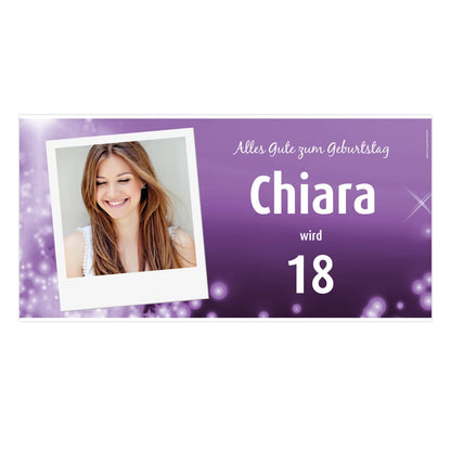 Violettes Geburtstagbanner mit Foto im Polaroid, Name & Alter