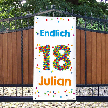 XL Banner zum 18. Geburtstag mit großer Konfettizahl, Name und Wunschtext