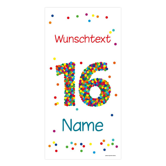 Banner XL zum 16. Geburtstag mit Konfettizahl, Wunschname und Wunschtext