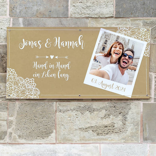 Vintage-Hochzeitsbanner mit Foto, Namen und Datum