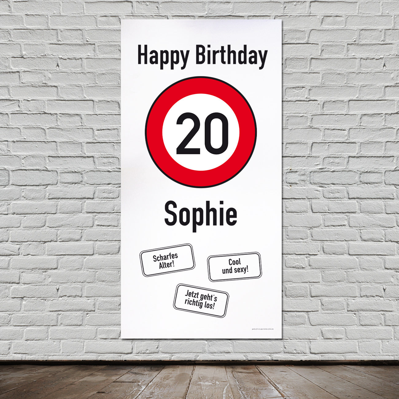 XXL-Banner zum 20. Geburtstag im Hochformat personalisiert mit Name | Verkehrszeichen Motiv