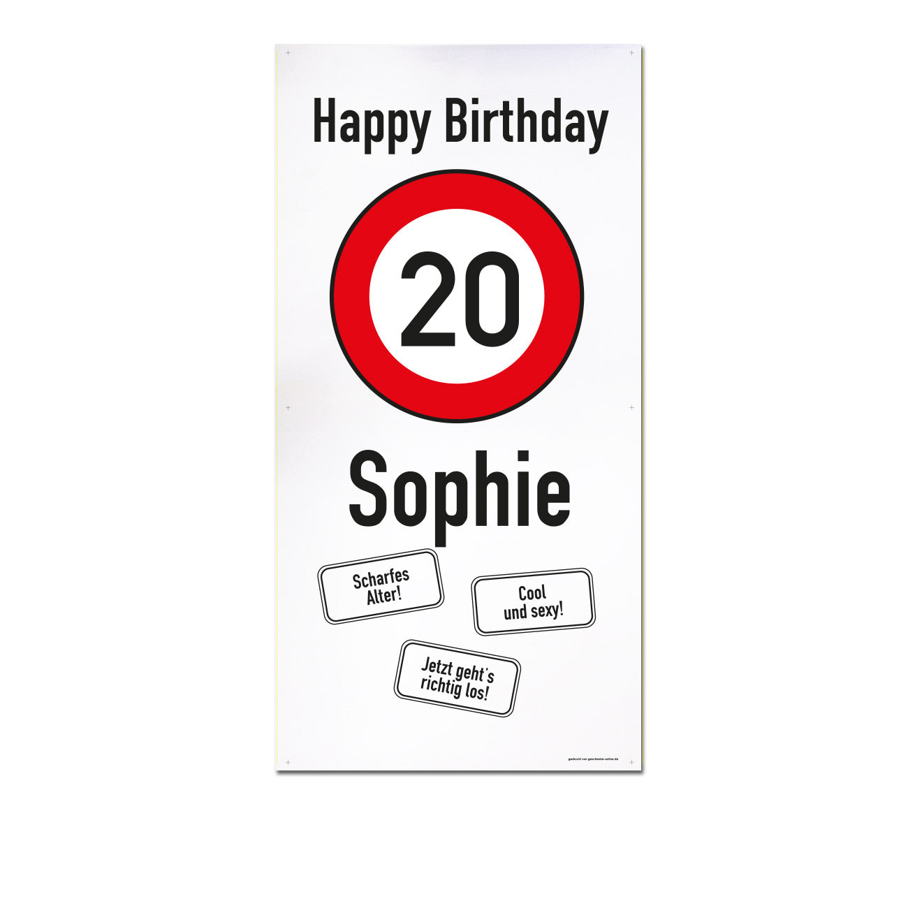 XXL-Banner zum 20. Geburtstag im Hochformat personalisiert mit Name | Verkehrszeichen Motiv